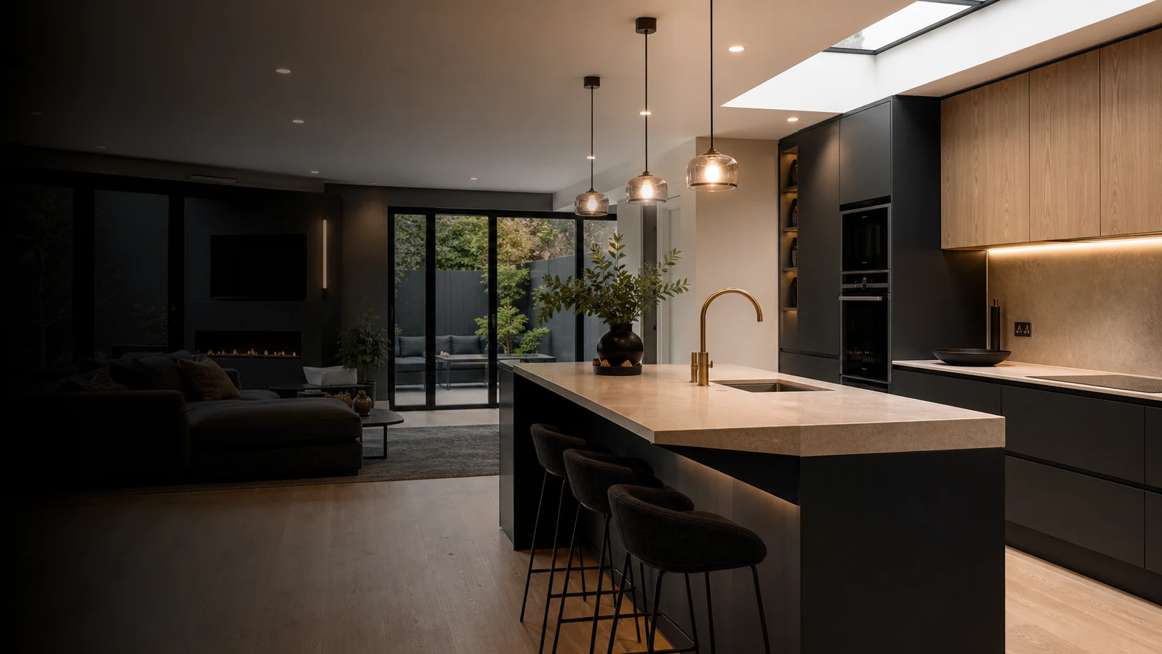 Illustrative concept of a renovated kitchen and living space